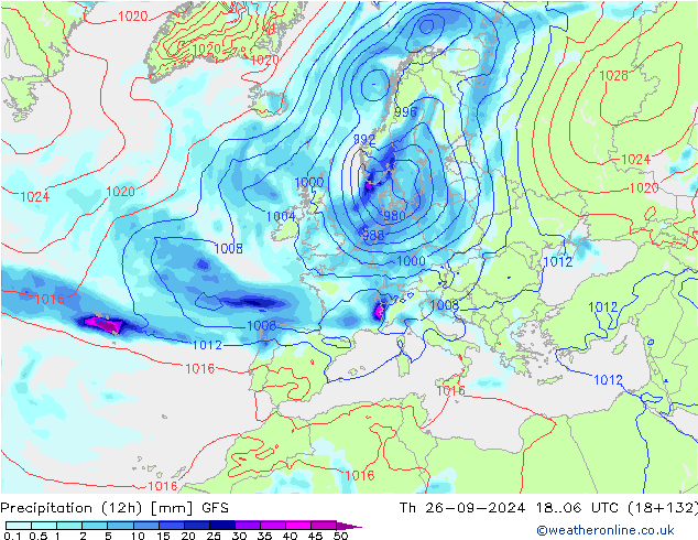 Precipitation (12h) GFS Th 26.09.2024 06 UTC