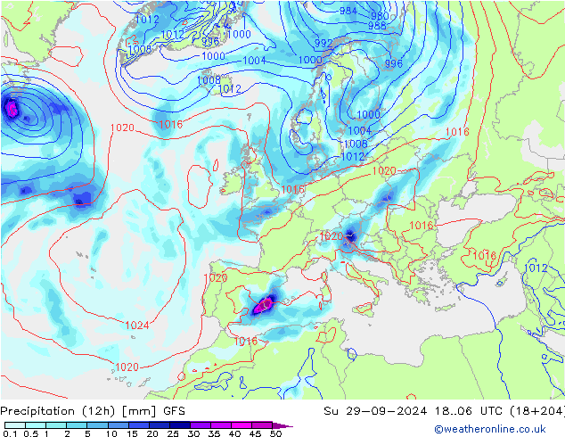 Totale neerslag (12h) GFS zo 29.09.2024 06 UTC