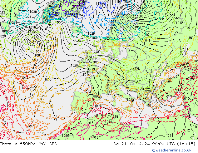 Theta-e 850hPa GFS Sa 21.09.2024 09 UTC