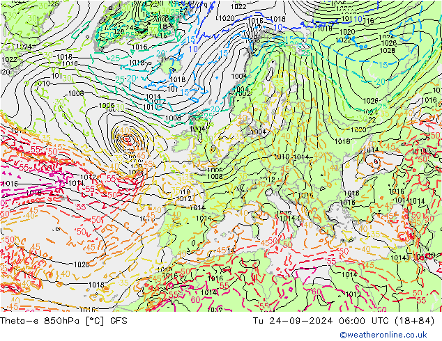 Theta-e 850hPa GFS Sa 24.09.2024 06 UTC