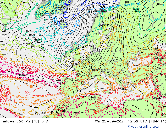 Theta-e 850hPa GFS Mi 25.09.2024 12 UTC