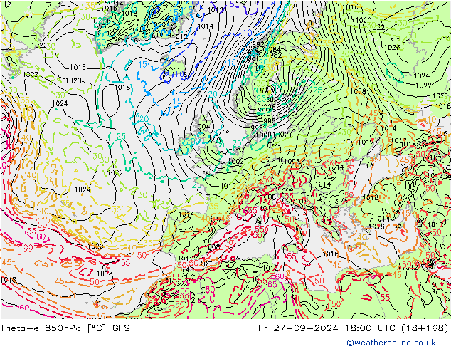 Theta-e 850hPa GFS ven 27.09.2024 18 UTC