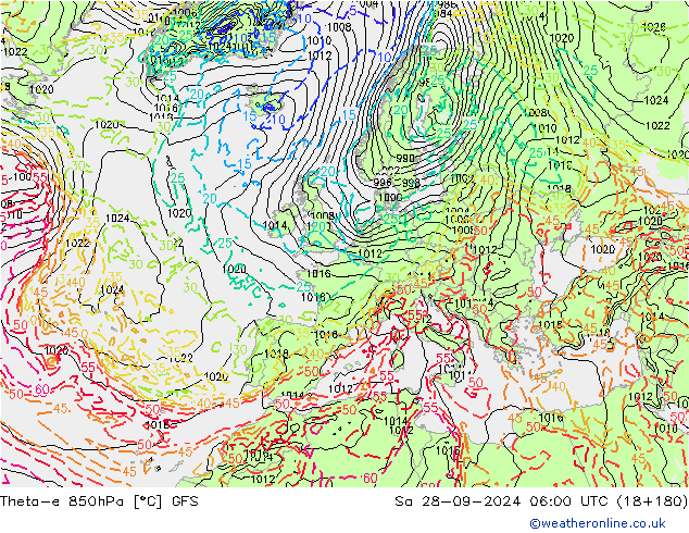 Theta-e 850hPa GFS Cts 28.09.2024 06 UTC