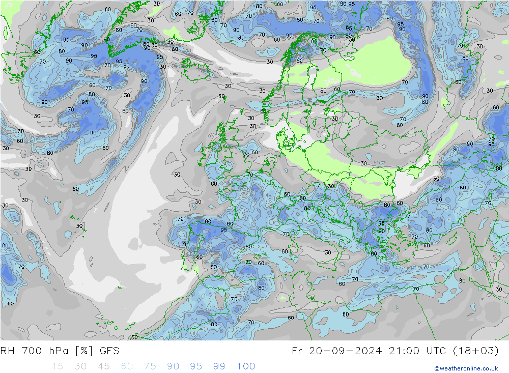 RH 700 hPa GFS Fr 20.09.2024 21 UTC