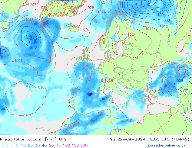 Totale neerslag GFS zo 22.09.2024 12 UTC