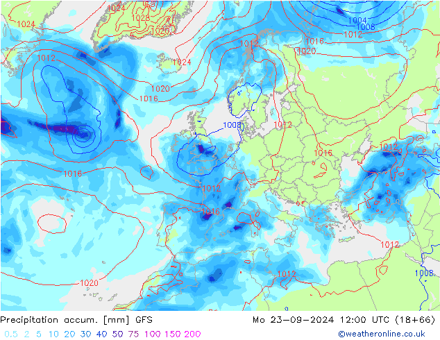 Precipitation accum. GFS Mo 23.09.2024 12 UTC