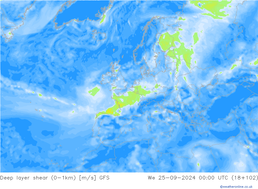 Deep layer shear (0-1km) GFS St 25.09.2024 00 UTC