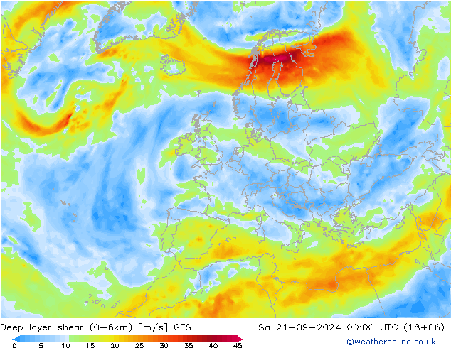 Deep layer shear (0-6km) GFS Sáb 21.09.2024 00 UTC