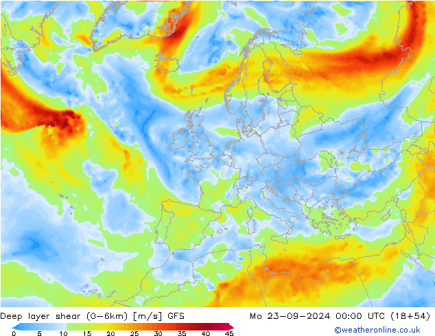 Deep layer shear (0-6km) GFS пн 23.09.2024 00 UTC