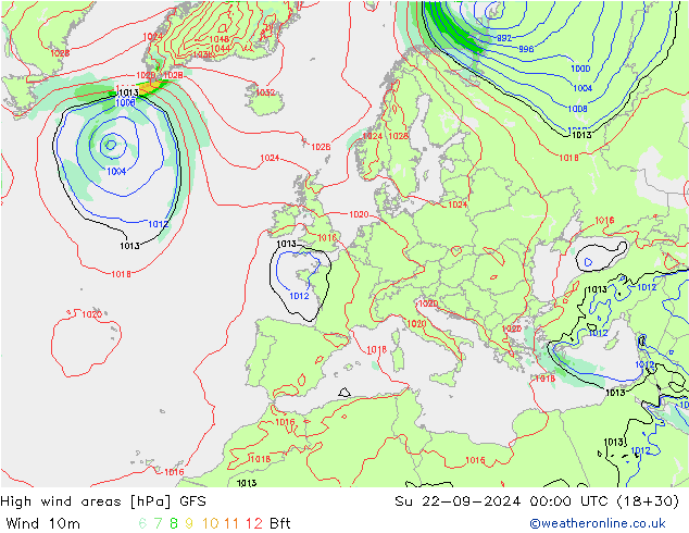 High wind areas GFS Su 22.09.2024 00 UTC