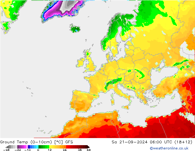 Ground Temp (0-10cm) GFS Sa 21.09.2024 06 UTC