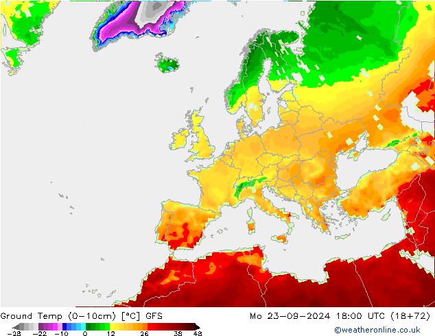 Temperatura del suelo (0-10cm) GFS lun 23.09.2024 18 UTC