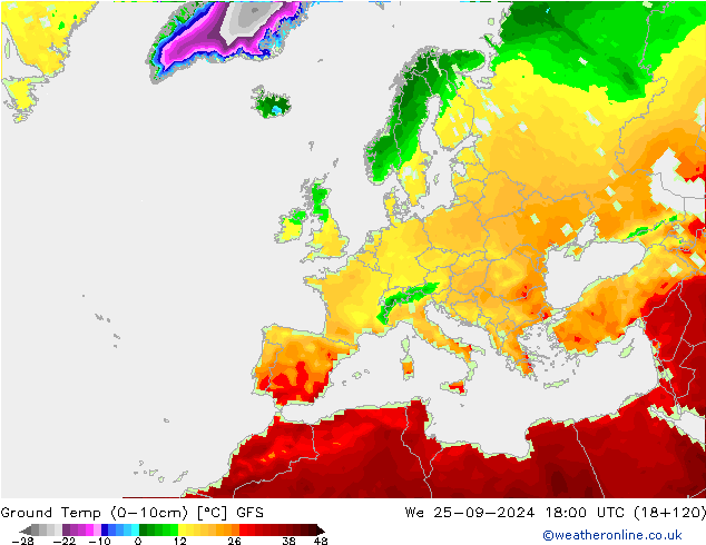 Temp. al suolo (0-10cm) GFS mer 25.09.2024 18 UTC