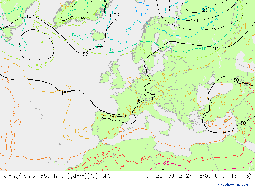 Height/Temp. 850 hPa GFS dom 22.09.2024 18 UTC