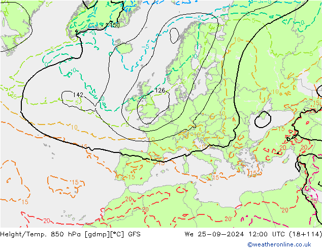 Height/Temp. 850 hPa GFS Qua 25.09.2024 12 UTC