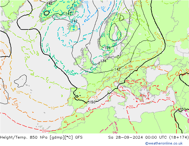 Height/Temp. 850 hPa GFS Sa 28.09.2024 00 UTC