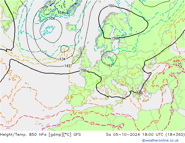 Height/Temp. 850 hPa GFS sab 05.10.2024 18 UTC