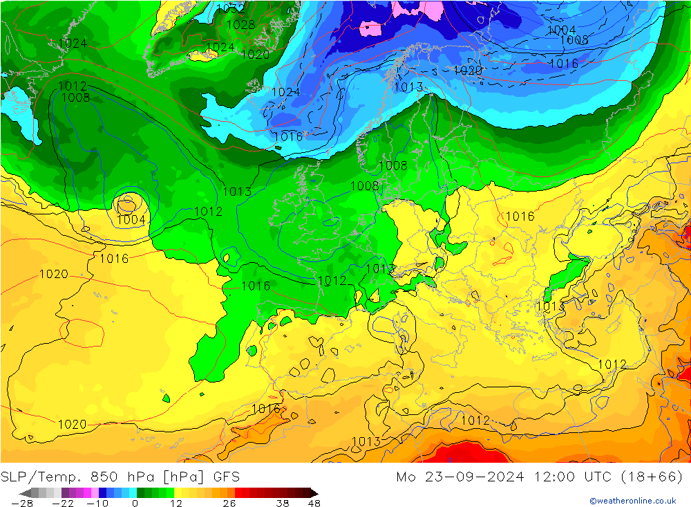 SLP/Temp. 850 hPa GFS Mo 23.09.2024 12 UTC