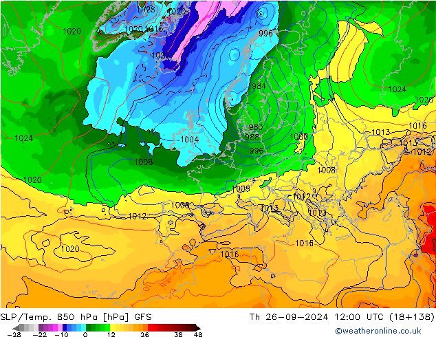 SLP/Temp. 850 hPa GFS Qui 26.09.2024 12 UTC