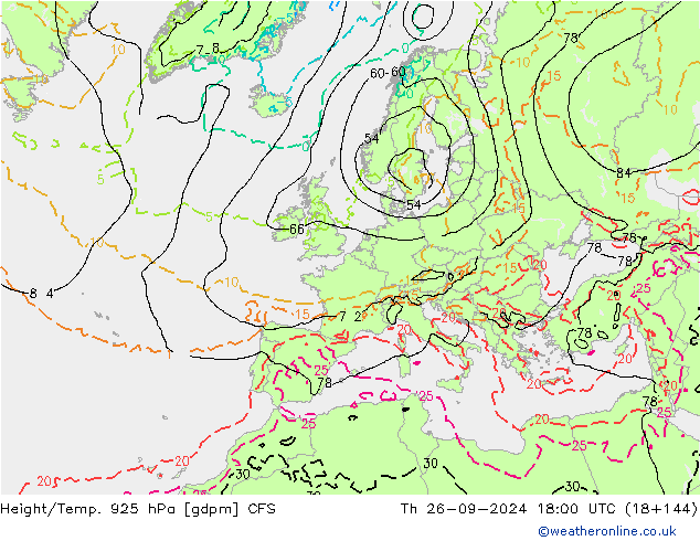 Height/Temp. 925 hPa GFS gio 26.09.2024 18 UTC