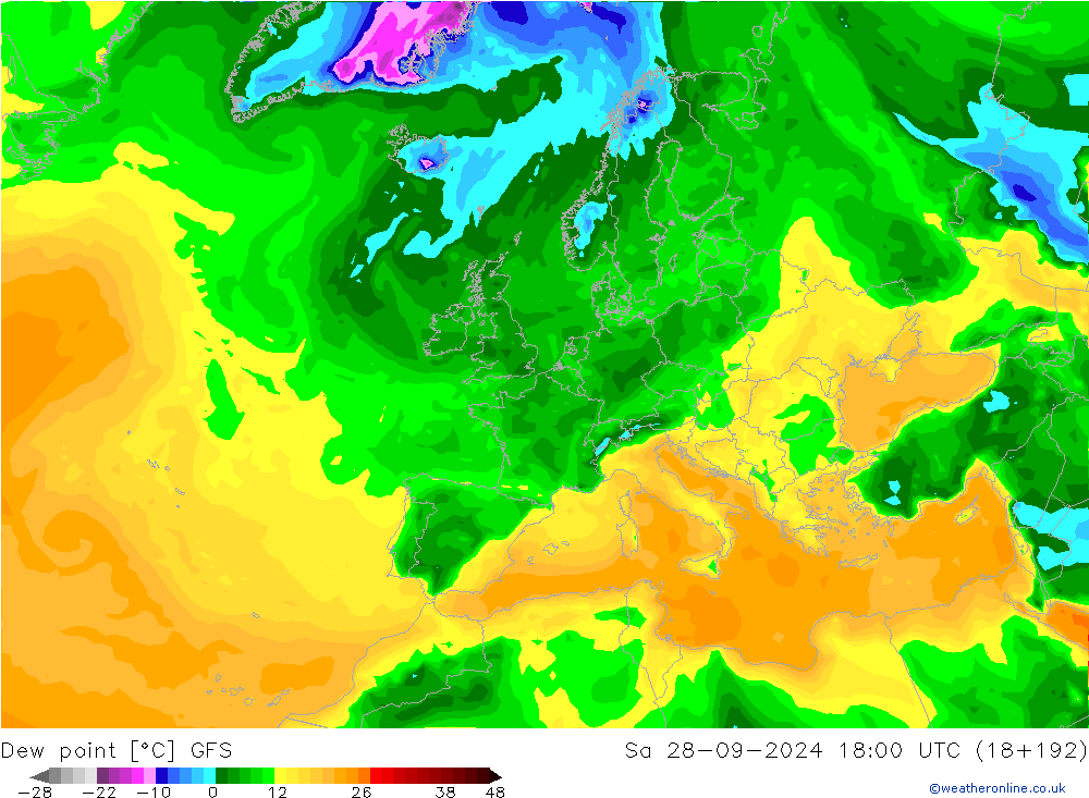 Dew point GFS Sa 28.09.2024 18 UTC