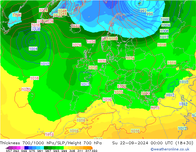 Thck 700-1000 hPa GFS Su 22.09.2024 00 UTC