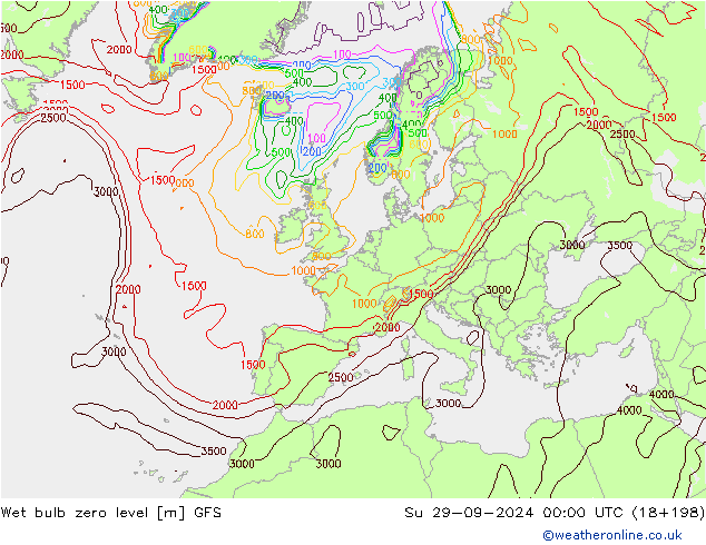 Wet bulb zero level GFS Ne 29.09.2024 00 UTC