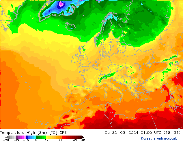 Maksimum Değer (2m) GFS Paz 22.09.2024 21 UTC