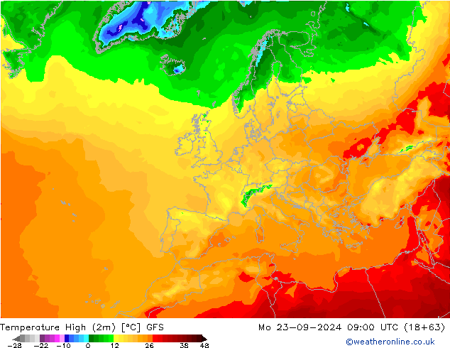 Temperature High (2m) GFS Mo 23.09.2024 09 UTC