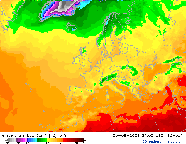 Temperature Low (2m) GFS 星期五 20.09.2024 21 UTC