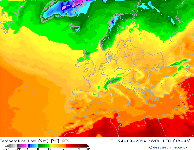 Tiefstwerte (2m) GFS Di 24.09.2024 18 UTC