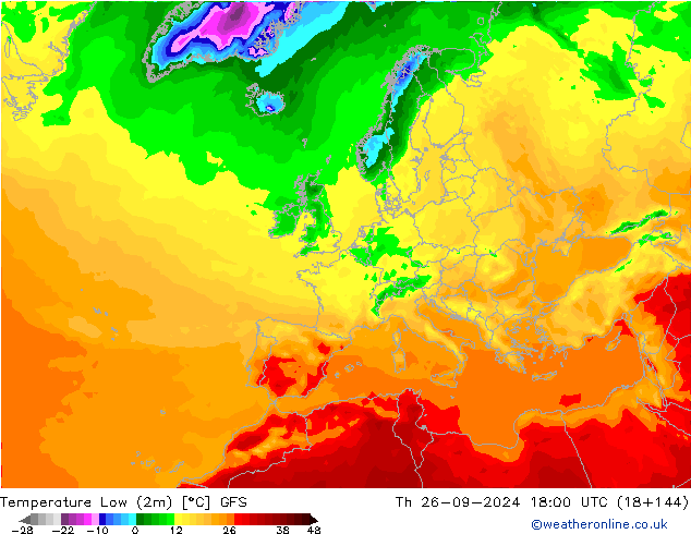 Temperature Low (2m) GFS Th 26.09.2024 18 UTC