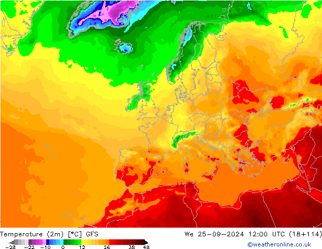 Temperature (2m) GFS We 25.09.2024 12 UTC