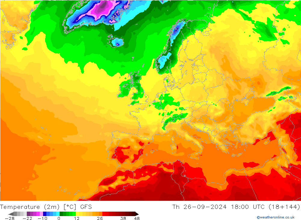 Temperature (2m) GFS Čt 26.09.2024 18 UTC