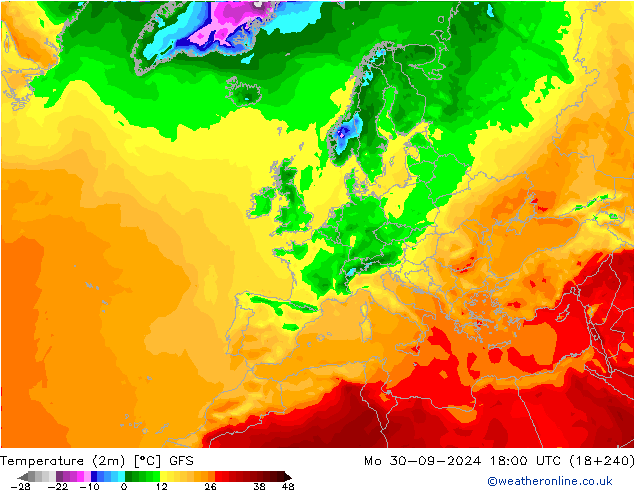 Temperature (2m) GFS Mo 30.09.2024 18 UTC