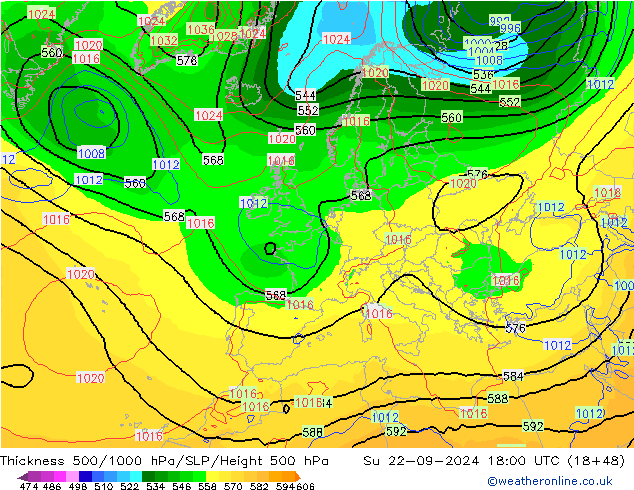 Espesor 500-1000 hPa GFS dom 22.09.2024 18 UTC