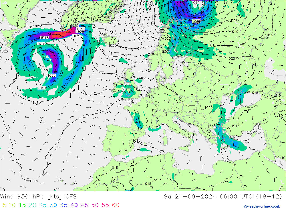 Wind 950 hPa GFS Sa 21.09.2024 06 UTC