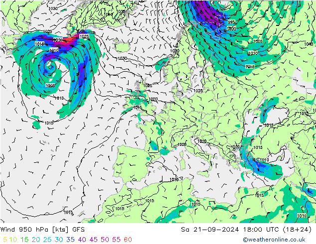 Wind 950 hPa GFS Sa 21.09.2024 18 UTC