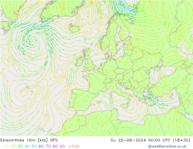 Linea di flusso 10m GFS dom 22.09.2024 00 UTC