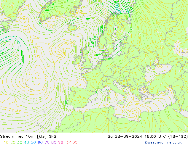 Stroomlijn 10m GFS za 28.09.2024 18 UTC