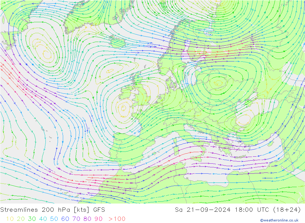 Linea di flusso 200 hPa GFS sab 21.09.2024 18 UTC