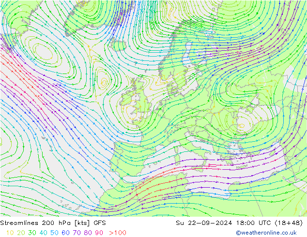 Streamlines 200 hPa GFS Su 22.09.2024 18 UTC