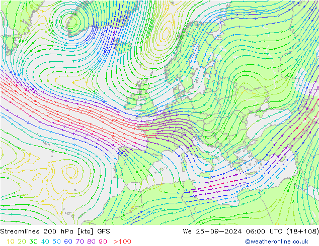 Stroomlijn 200 hPa GFS wo 25.09.2024 06 UTC