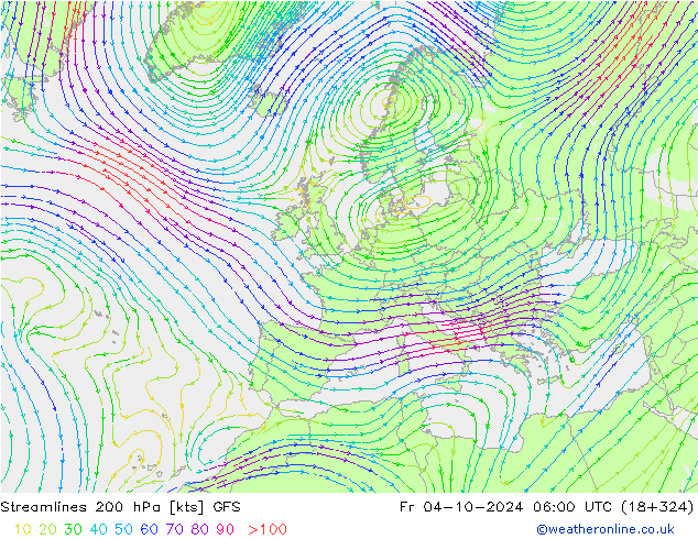 Linea di flusso 200 hPa GFS ven 04.10.2024 06 UTC