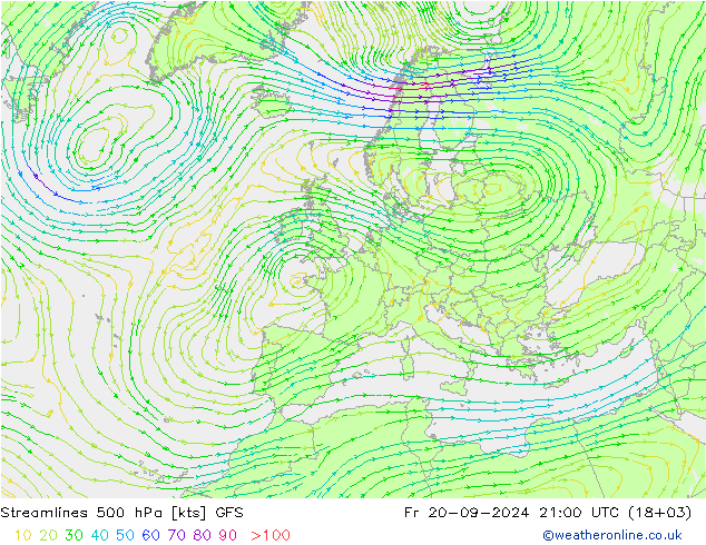 Linia prądu 500 hPa GFS pt. 20.09.2024 21 UTC