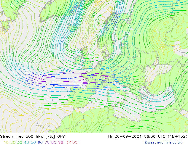 Linea di flusso 500 hPa GFS gio 26.09.2024 06 UTC