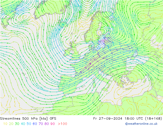 Linha de corrente 500 hPa GFS Sex 27.09.2024 18 UTC