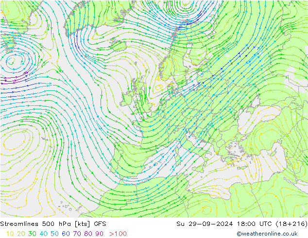 Linha de corrente 500 hPa GFS Dom 29.09.2024 18 UTC