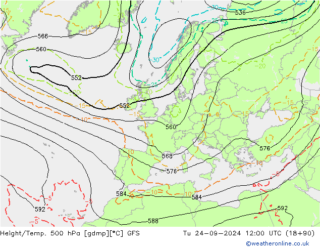 Z500/Rain (+SLP)/Z850 GFS  24.09.2024 12 UTC