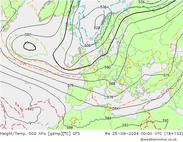 Z500/Rain (+SLP)/Z850 GFS Mi 25.09.2024 00 UTC